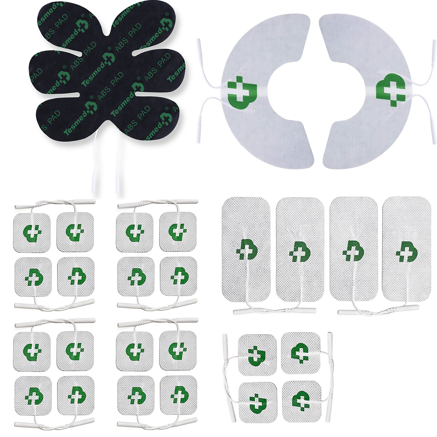 TESMED Équipement Haut de Gamme : Set de 27 Électrodes (20 Électrodes 50x50mm + 4 Électrodes 50x100mm + 1 ABS Pad Tesmed + 2 Électrodes Genou Tesmed), Compatibles avec Toutes les Marques d'Électrostimulateurs avec Câbles à Fiche de 2 mm