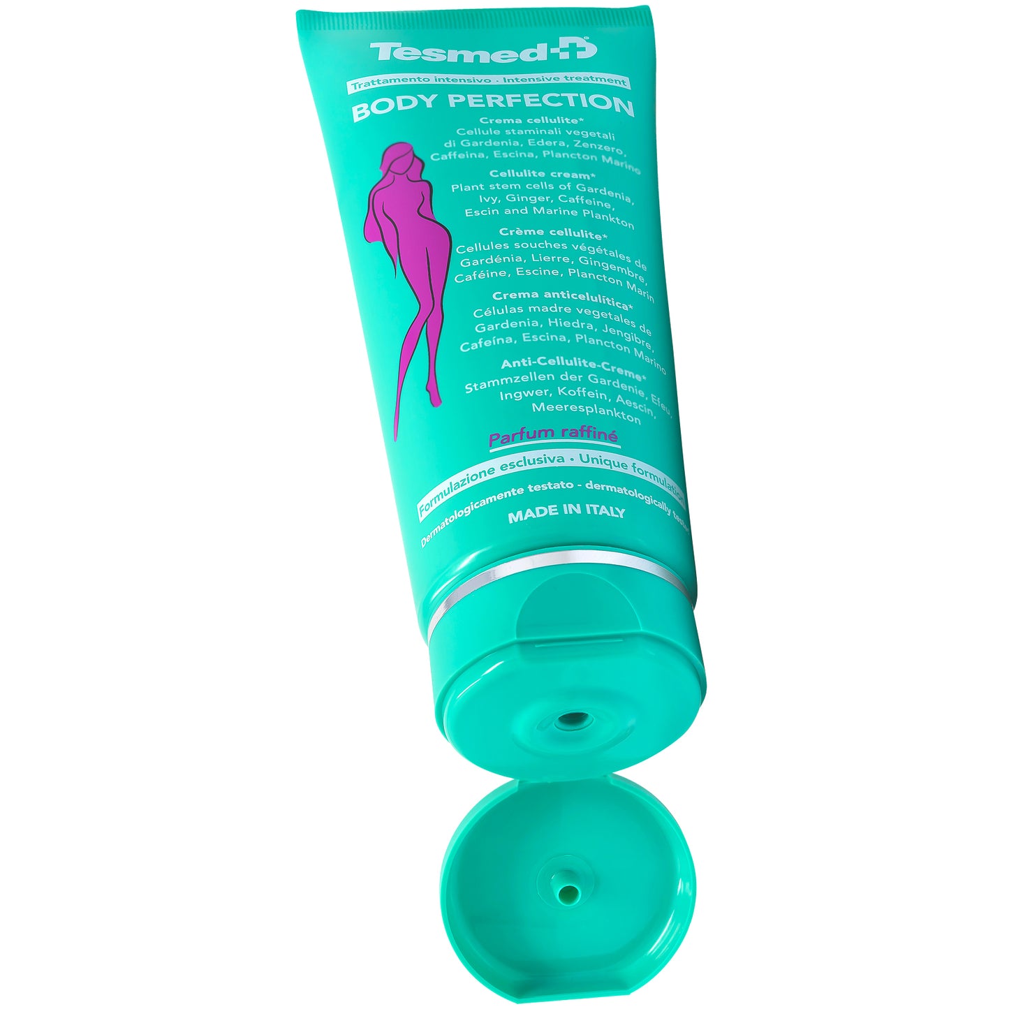 Crème corporelle et anti-cellulite Tesmed Body Perfection, hydratante, raffermissante. Légère sensation de fraîcheur, parfum excellent. Pour une peau d'orange et des jambes lourdes.