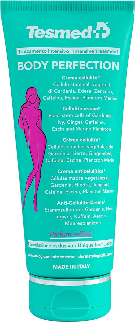 Crème corporelle et anti-cellulite Tesmed Body Perfection, hydratante, raffermissante. Légère sensation de fraîcheur, parfum excellent. Pour une peau d'orange et des jambes lourdes.