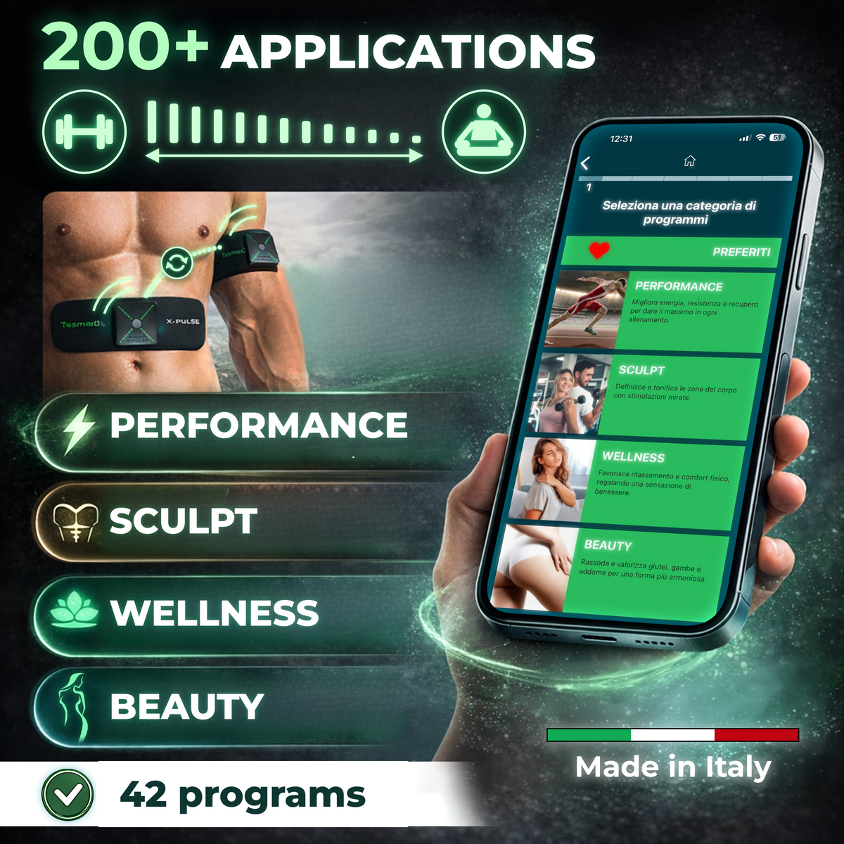 TESMED X-Pulse Électrostimulateur Musculaire Rechargeable Sans Fil EMS avec Application – 2 Appareils Inclus, Programmes Personnalisables Illimités, Multi-Zones, 130 Niveaux d'Intensité, Le Plus Puissant