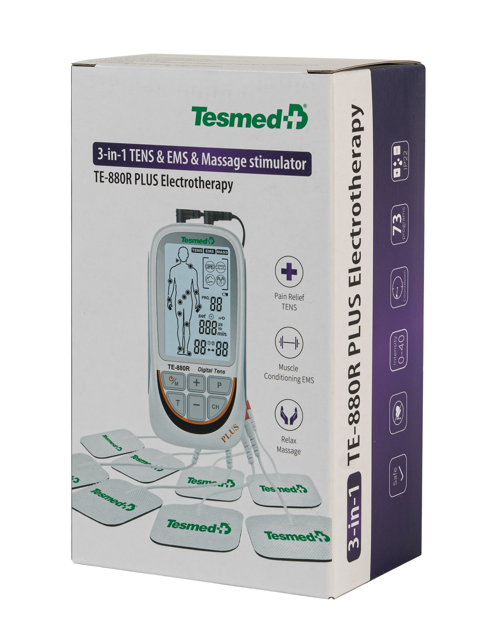 TESMED TE-880R Plus Électrostimulateur Musculaire Rechargeable, EMS, TENS, Massage - 73 programmes dont 2 personnalisables - Fonctionne avec 8 électrodes
