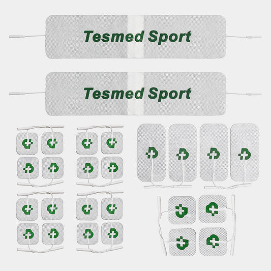 26 électrodes TESMED TOP EQUIPMENT, la meilleure gamme pour obtenir les meilleurs résultats : 20 électrodes 50x50 + 4 électrodes 50x100 + 2 bandes géantes Tesmed Sport 